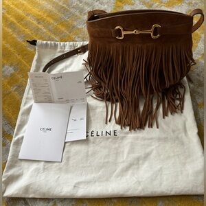 CELINE Authentic boho suede fringe bag bucket crossbody gold horsebit receipt